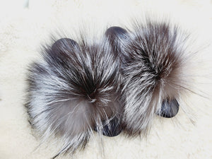 Silver fox fur slippers