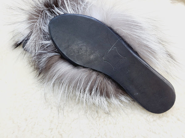 Silver fox fur slippers