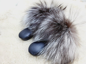 Silver fox fur slippers