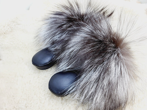 Silver fox fur slippers