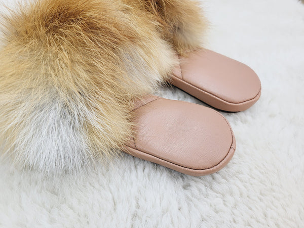 Red fox fur slippers