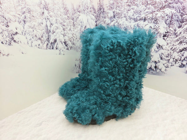 Blue-green curly fur boots