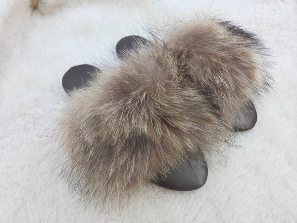 Raccoon fur slippers
