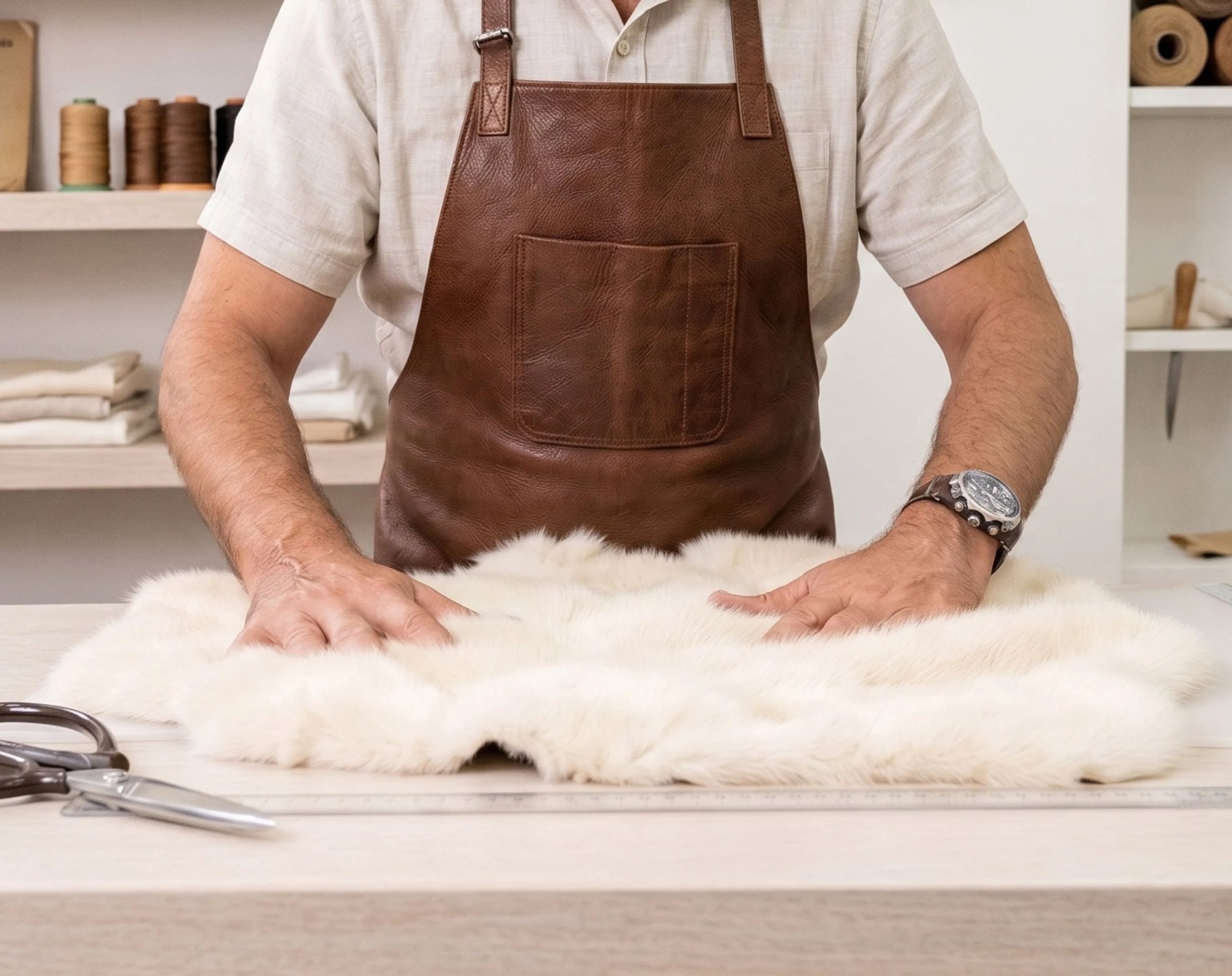 Person wearing a brown leather apron working with white fur on a table.