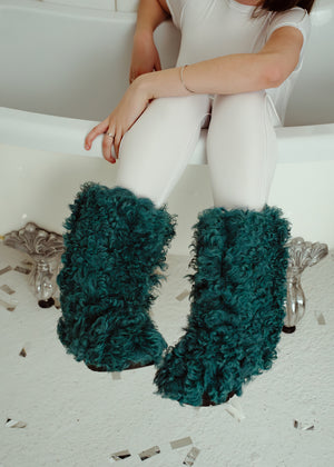 Blue-green curly fur boots