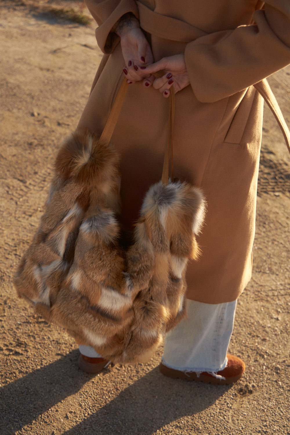 Real red fox fur shopping bag