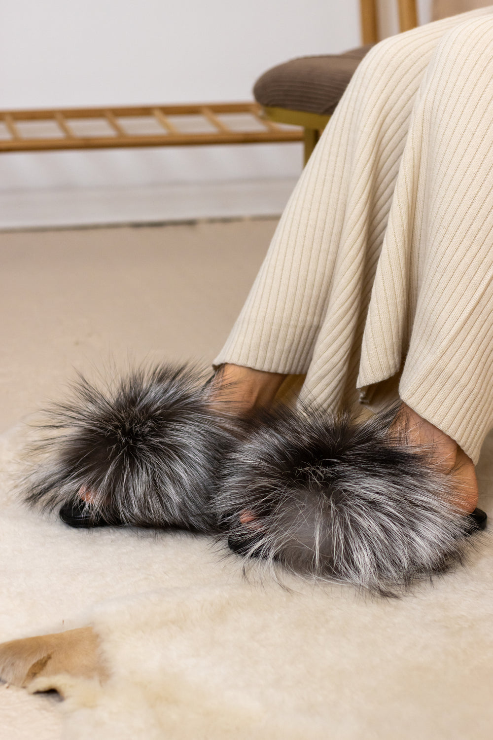 Silver fox fur slippers