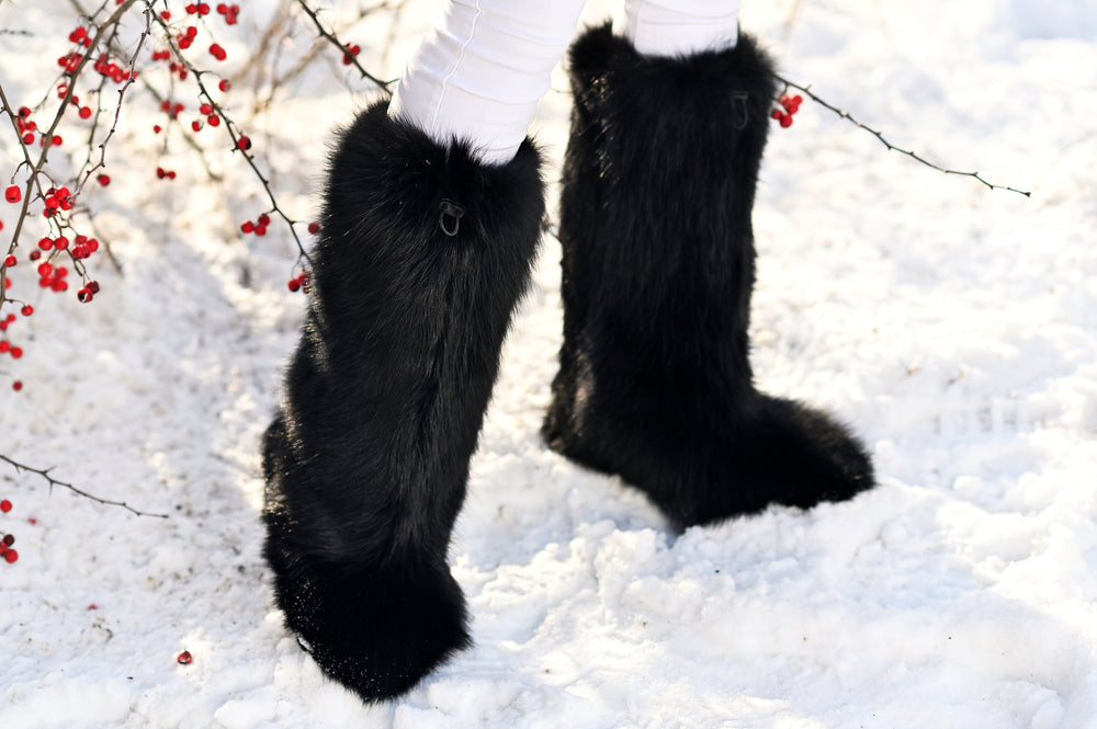 High black fox fur boots