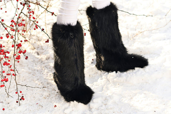 High black fox fur boots