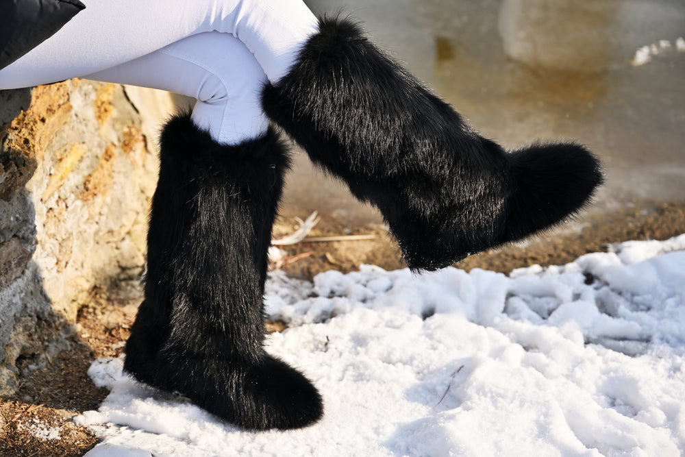 High black fox fur boots