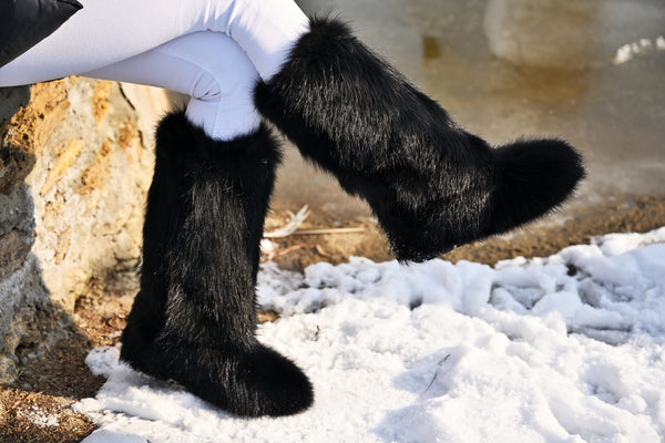 High black fox fur boots