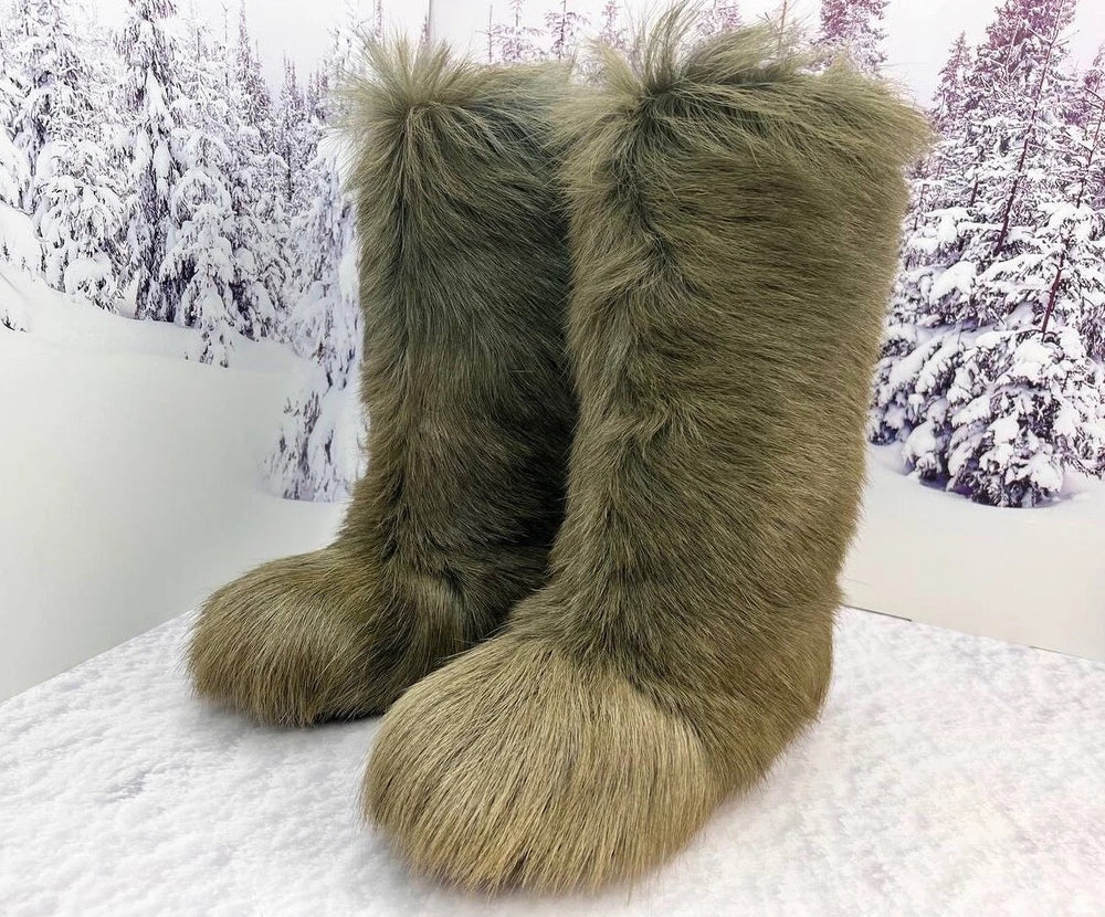 Khaki goat fur boots