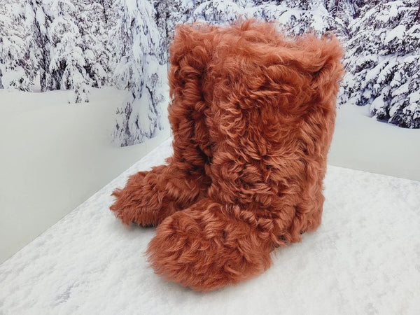 Red curly fur boots