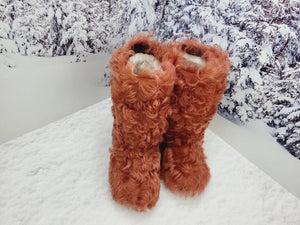 Red curly fur boots