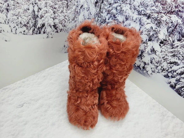 Red curly fur boots
