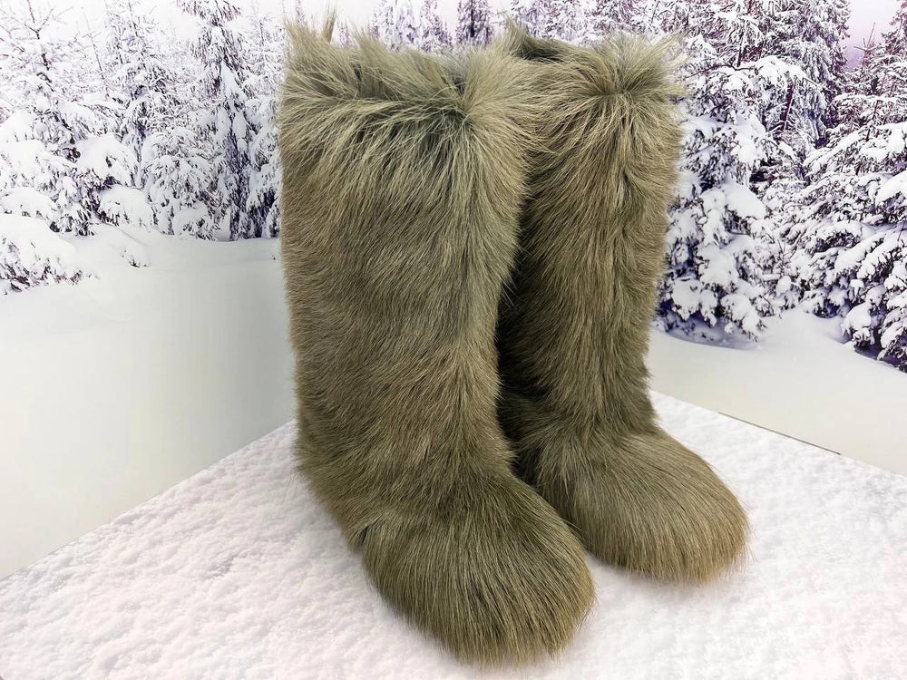 Khaki goat fur boots