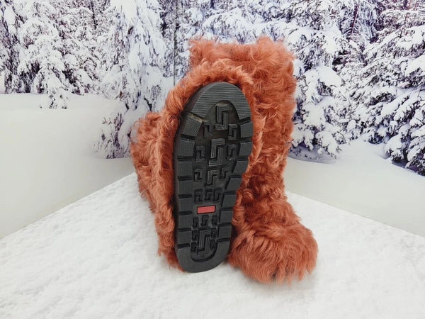 Red curly fur boots