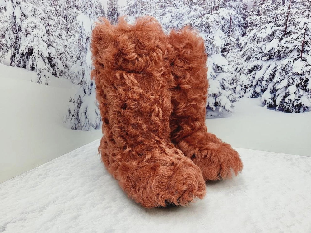 Red curly fur boots