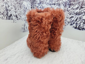 Red curly fur boots
