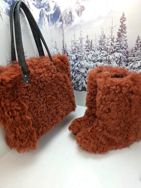 Red curly fur boots